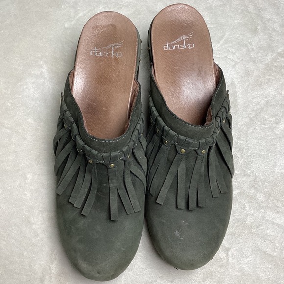 Dansko Shoes - Dansko Maria Olive Green Nubuck Leather Fringe Clog Mules Studded Platform 42